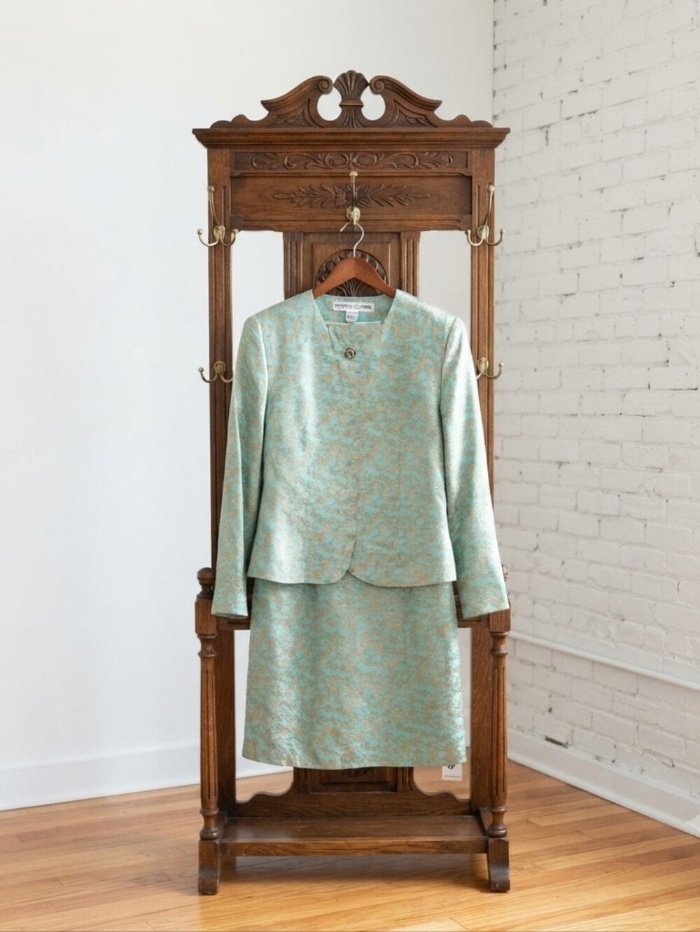 Vintage-Mint Brocade Midi Skirt and Jacket Set 100% Silk
